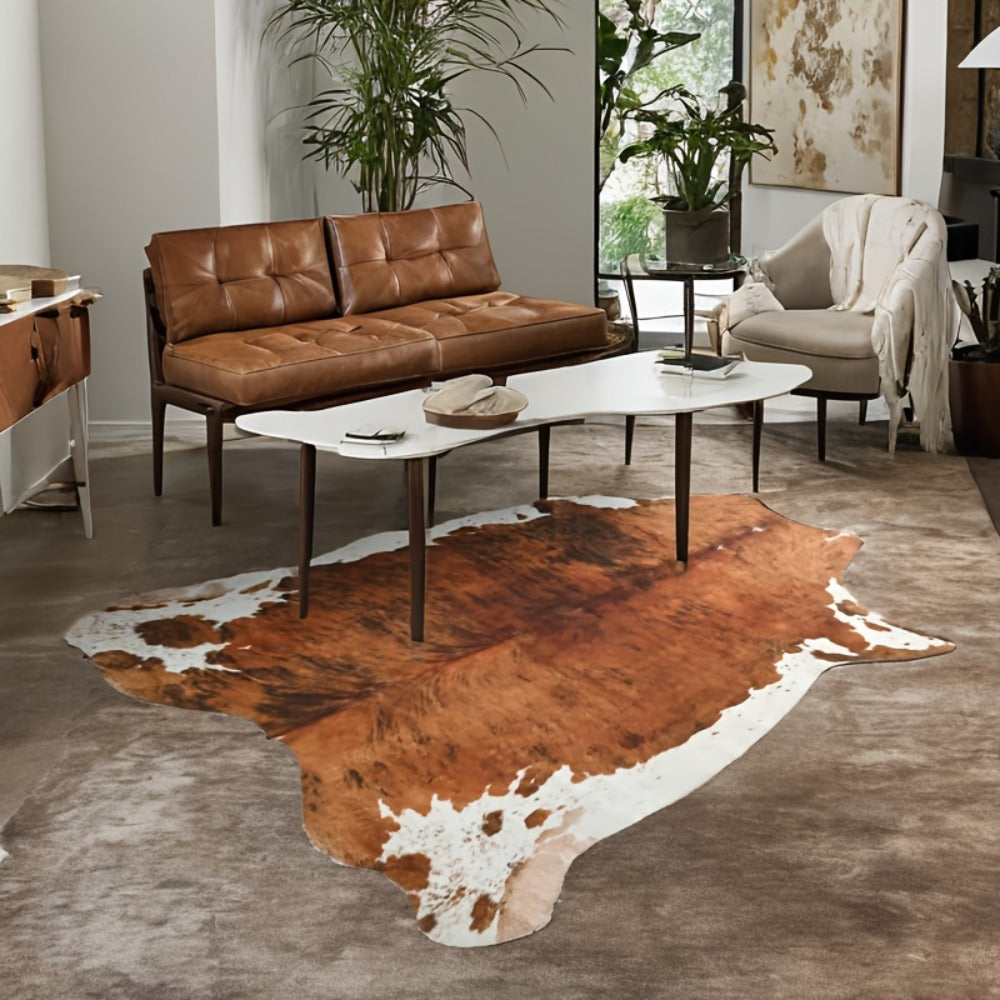 Area Rug Faux Cowhide Brown Western Print with Suede Backing in Three Colors and Two Sizes