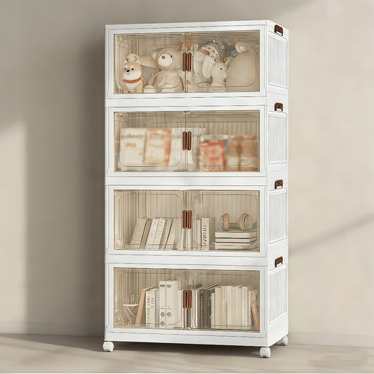 Stackable Foldable Storage Cabinet with Door – PP Plastic 1/2/3/4/5 Layer Organizer Box with Wheels & Cover | Dual-Access Home Storage for Clothes, Books, Snacks & Kitchen Supplies | Office & Garage