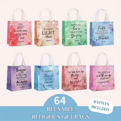 Gift Bag Set Bible Verse Floral Prints, 32 or 64 Non-Woven Handle Bags in Eight Designs, 8.7 x 9 x 4.3 Inch Size