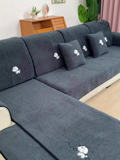 Sofa Cover Embroidered Plush-Texture Panels for Single to 4 Seats, Backrest, Armrest or Pillowcase