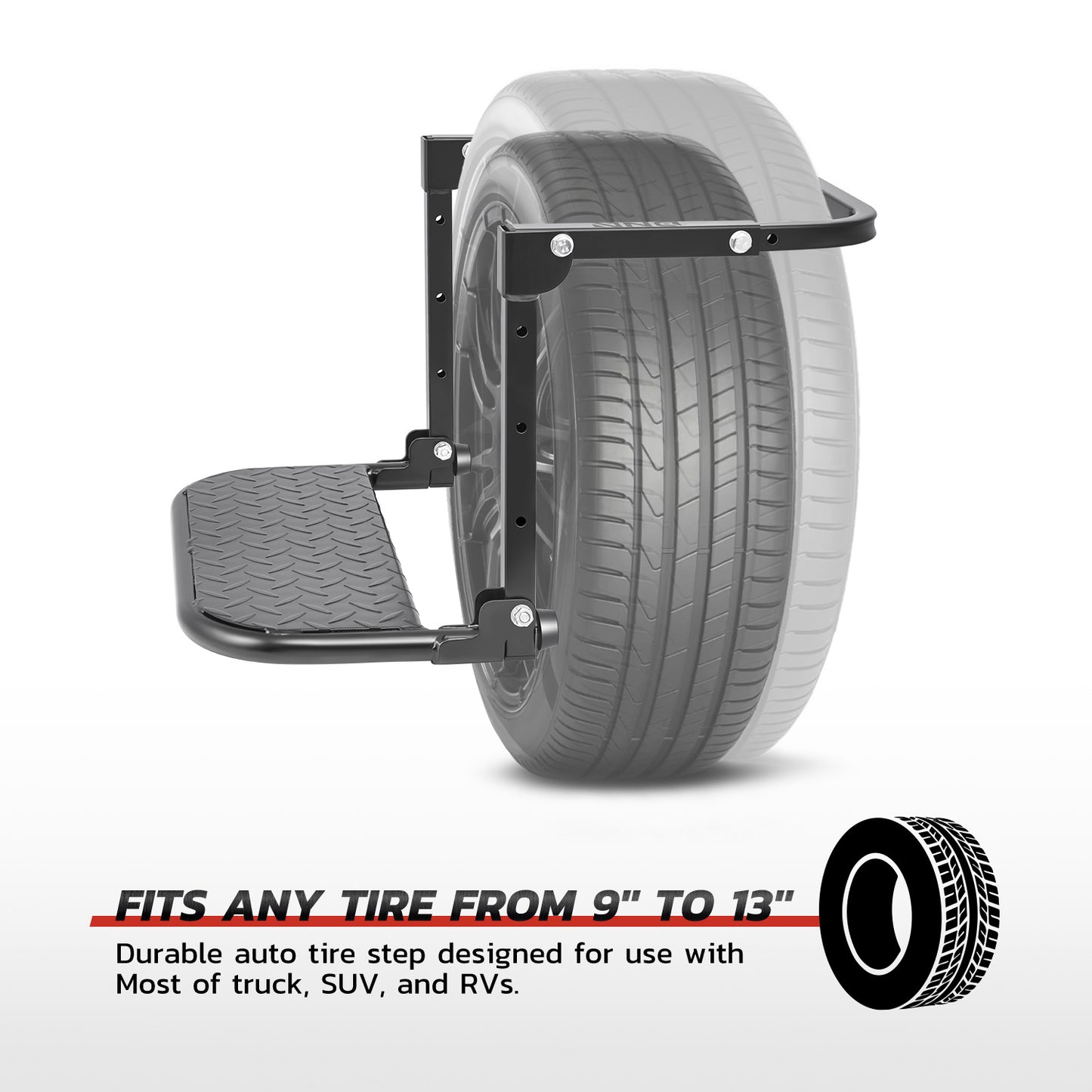 Folding Tire Step Heavy Duty 330 lbs Adjustable Universal Truck SUV RV – Fits 9–13" Tires 4 Height & Width Positions Slip-Resistant Rooftop Access