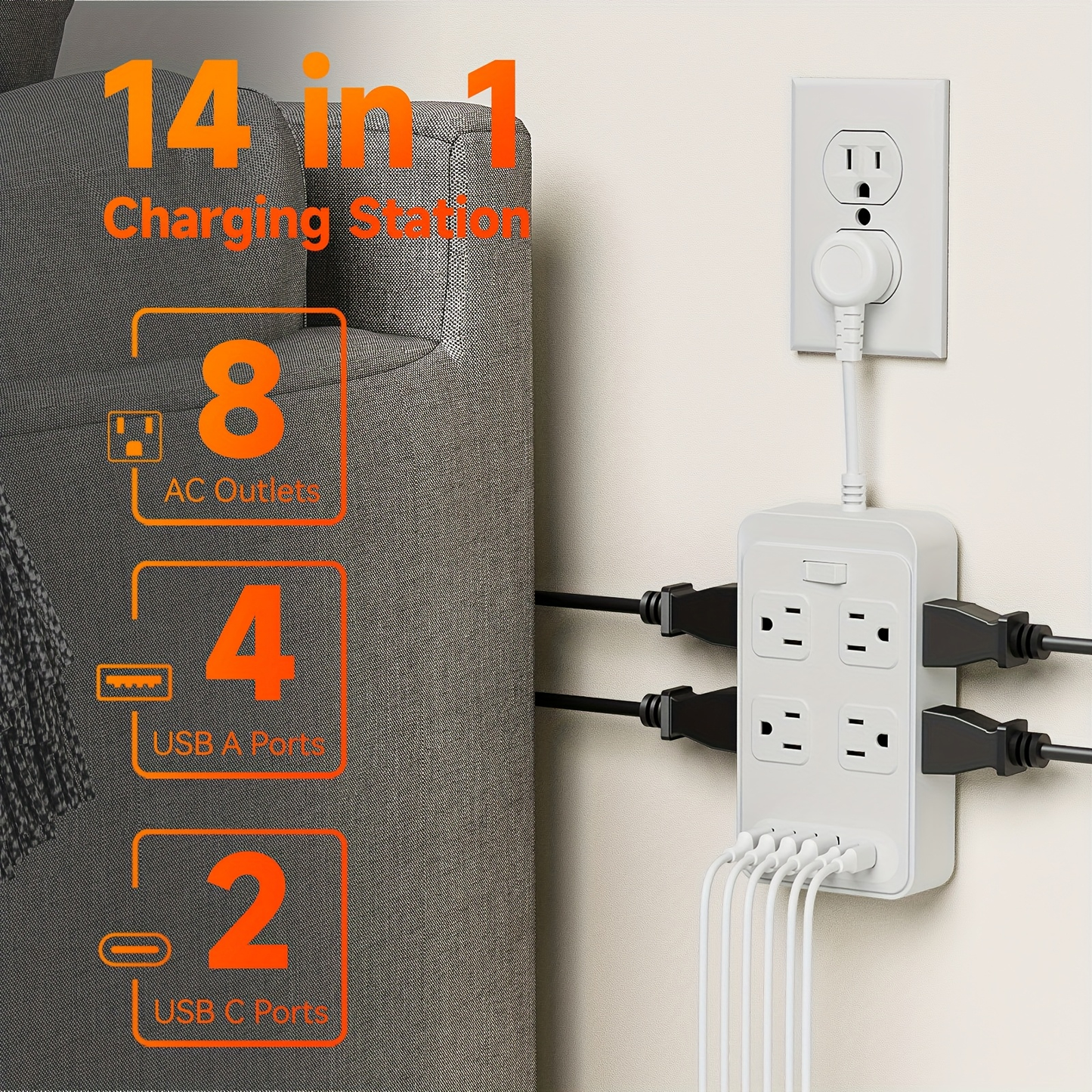 Power Strip Flat Plug with 6 AC Outlets, 2 USB-A, 2 USB-C and 3-Inch, 5-Foot or 10-Foot Cord Options