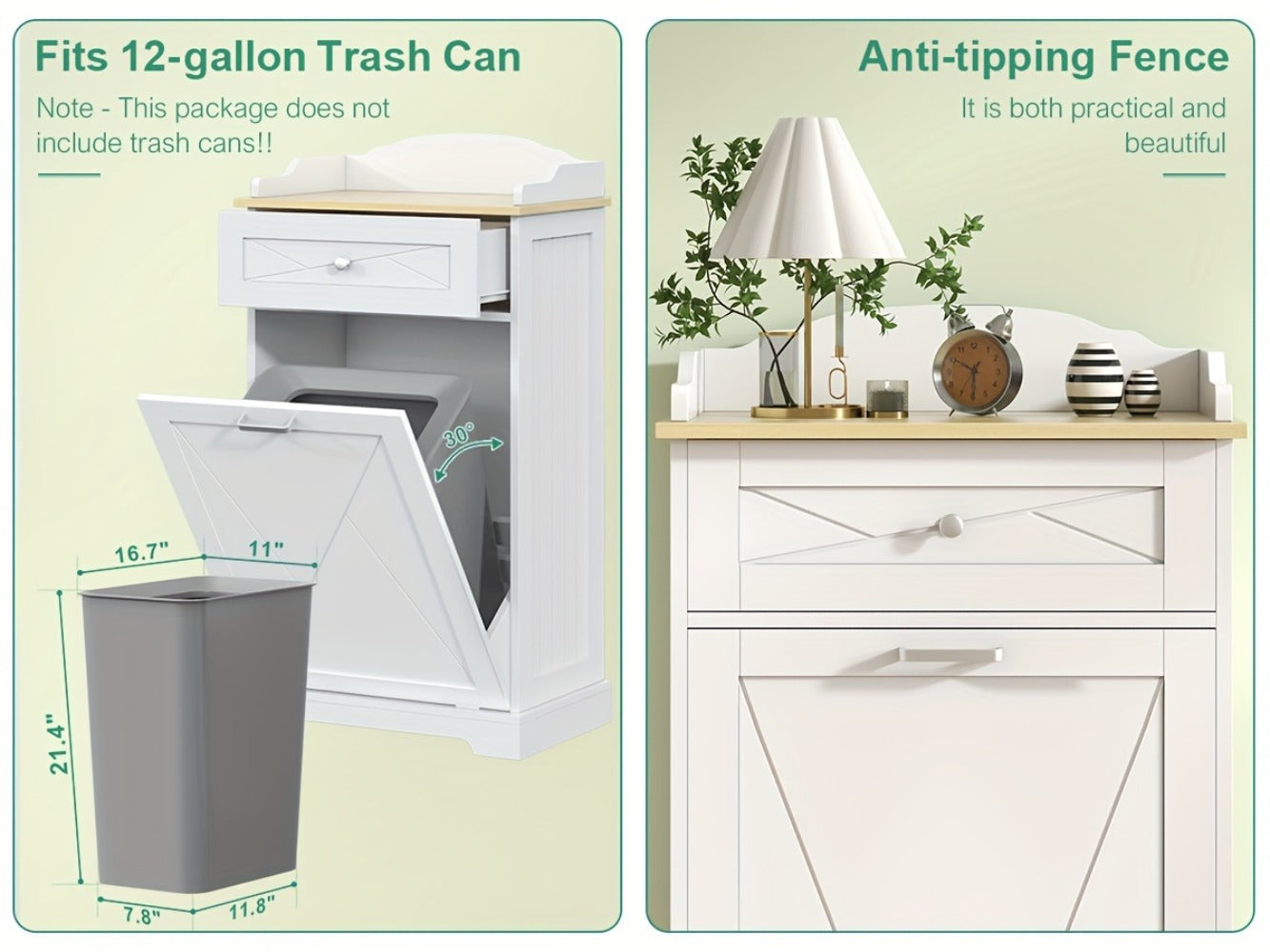 Storage Cabinet 12-Gallon Tilt-Out Trash Bin Enclosure with Top Drawer and Two Color Options