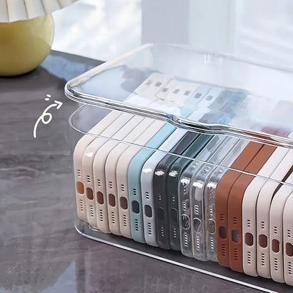 Clear Acrylic Desktop Organizer with Lid - Phone Case Storage Basket for Home Office Desk Organization