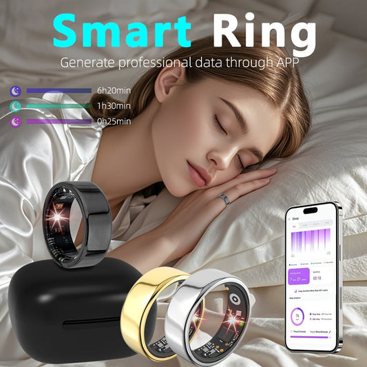 R18 Smart Ring Activity Tracker with 20+ Workout Modes – Sleep & Stress Monitor, Heart Rate, iPhone & Android Compatible, USB Charging, Silvery Black Golden (Size 7-13) Fitness Gift for Men Women
