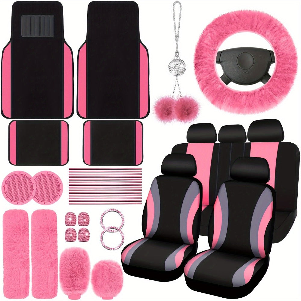 Car Seat Covers Full Set for Women Fluffy Steering Wheel Cover Seat Belt Pads Floor Mats AC Vent Strips Universal Fit Front Rear Seat Protector Interior Accessories Set Pink Purple Red Blue