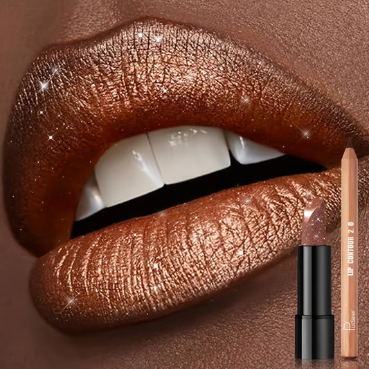 Golden Lipstick Set with Lip Liner Pencil 2 Piece — Brown Shimmer Lipstick and Nude Lip Liner, Viral Fall Makeup Kit Luxury Press Gold Lip Color for Women, Perfect Beauty Gift