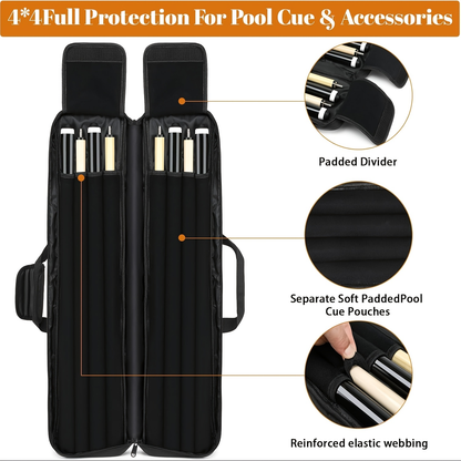 Black Billiard Cue Carrying Case with Backpack Straps, Top Handle and Front Accessory Pockets