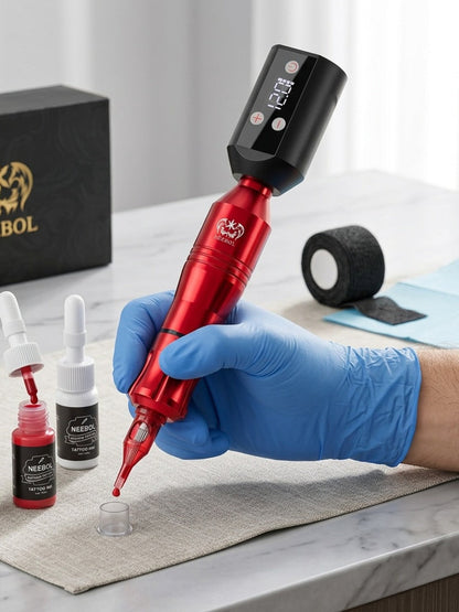 Tattoo Machine Kit Neebol Wireless Pen with Screen Display, 10 Cartridges, 7 Inks and Four Color or Pro Options