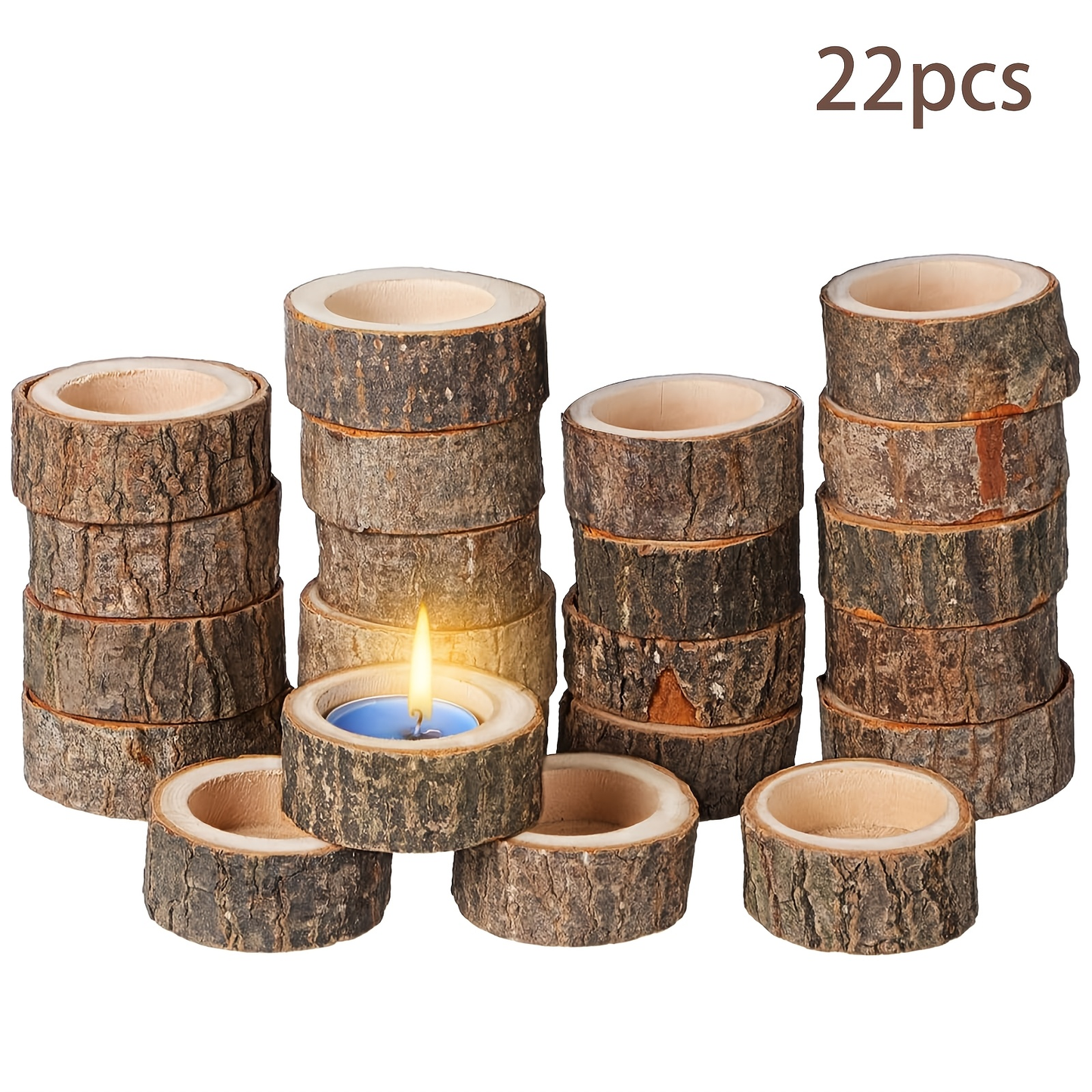 Candle Holder Set 22-Piece Birch Wood Stump Tealight Cups with 1.57-Inch Openings and Bark-Edge Finish