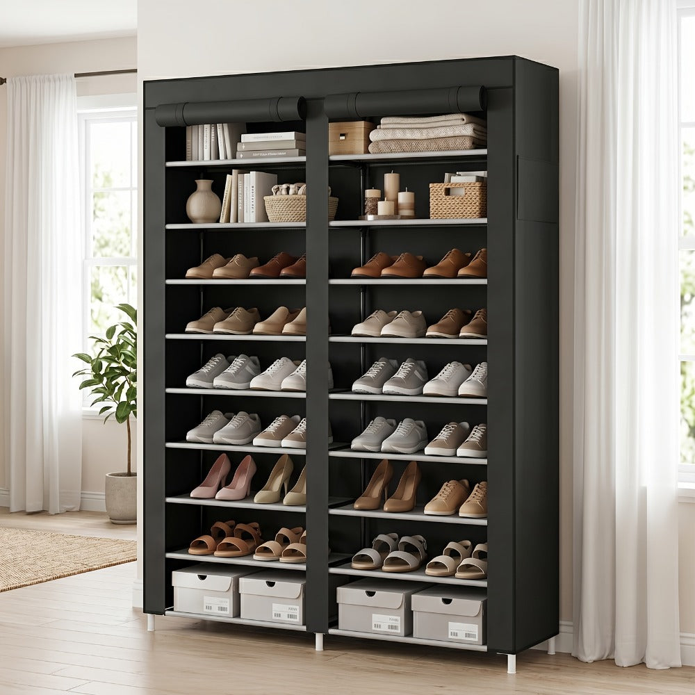 Shoe Rack 9-Tier Portable Double-Row Organizer for Up to 42 Pairs with Black Nonwoven Fabric Cover