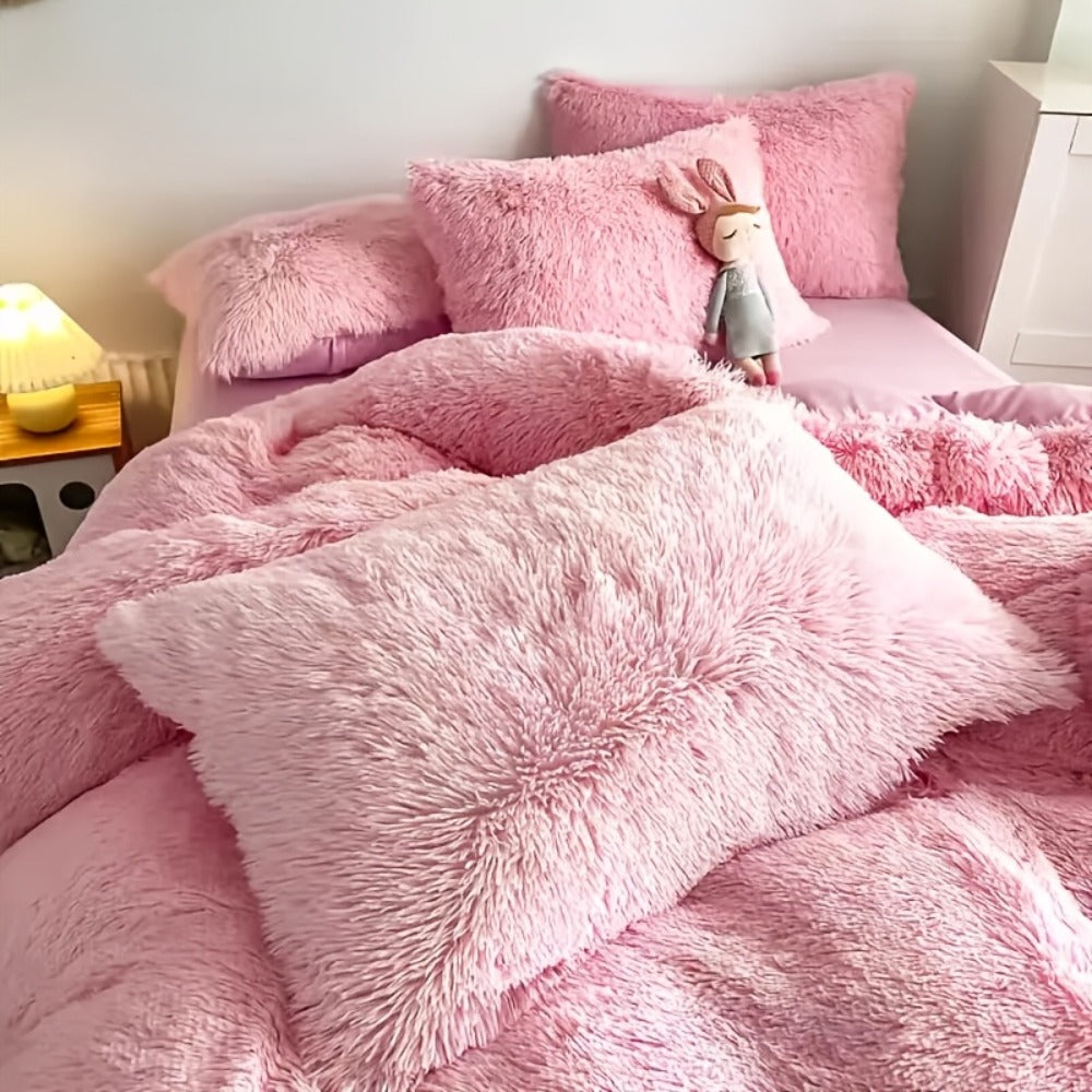Plush Faux Fur Duvet Cover Set with Heart Pillow, Corner Ties and Twin, Queen or King Sizes in Eight Colors