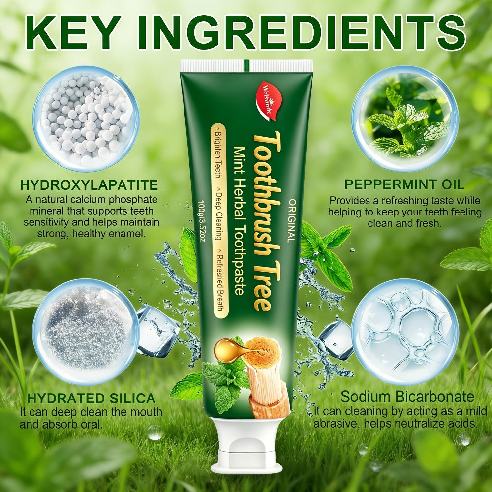 Three-Pack 100g Mint Toothpaste with Flip-Cap Tubes, Cartons and Toothbrush Tree Label Design
