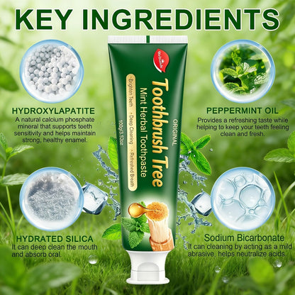 Three-Pack 100g Mint Toothpaste with Flip-Cap Tubes, Cartons and Toothbrush Tree Label Design