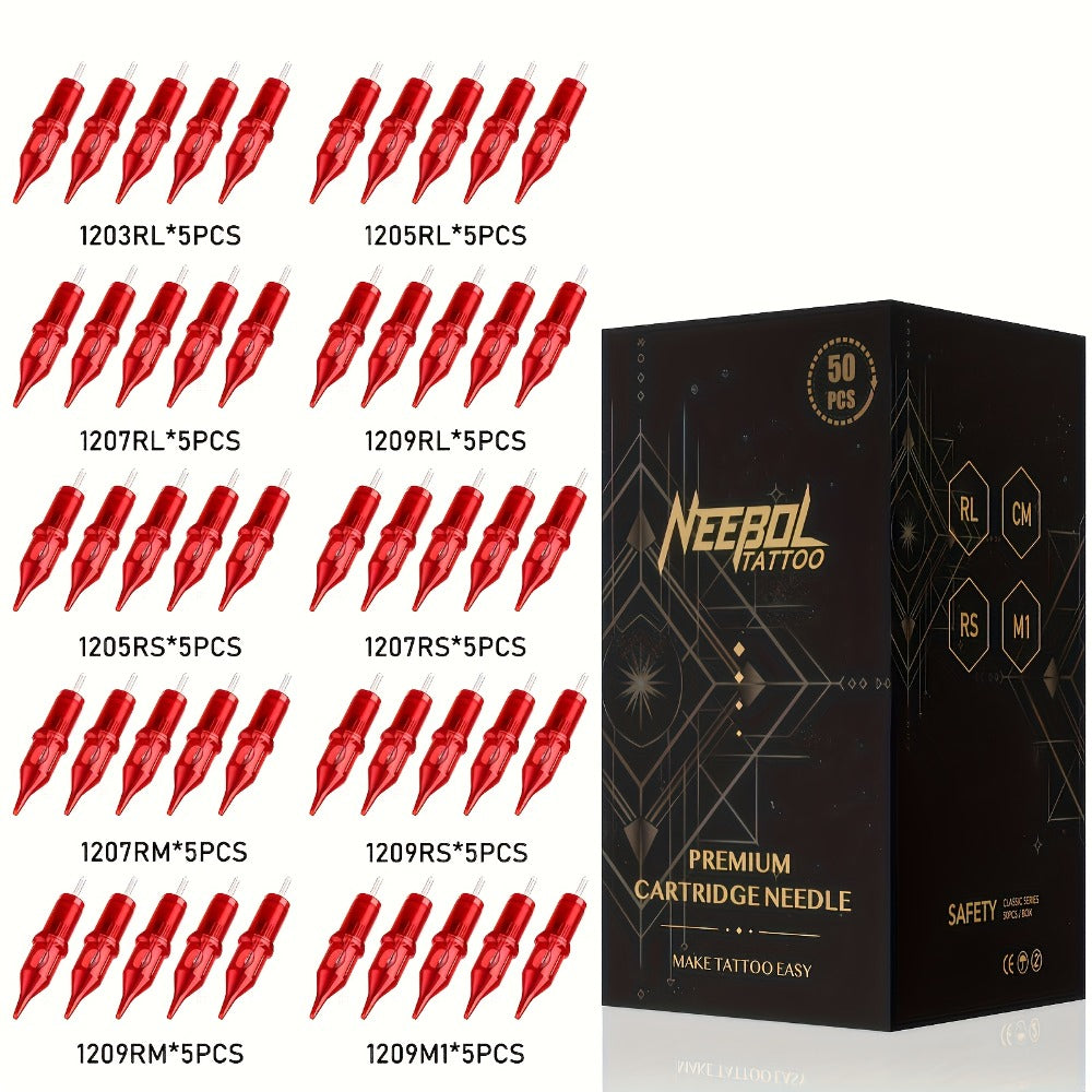 Tattoo Cartridge Needles with Neebol Label, 20 or 50-Piece #10 #12 Round Liner and RM Choices