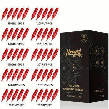 Tattoo Cartridge Needles with Neebol Label, 20 or 50-Piece #10 #12 Round Liner and RM Choices