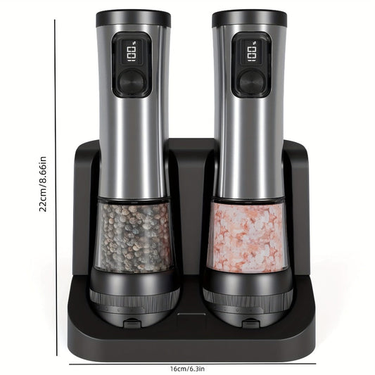 Electric Salt and Pepper Grinder Set Rechargeable USB Large Capacity with Base Automatic Adjustable Coarseness LED Display Kitchen Gift Silver Black