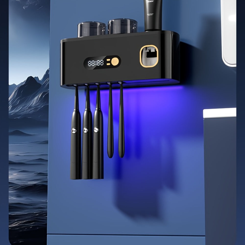 Five-Slot Wall-Mounted Toothbrush Holder with Two Cups, Toothpaste Dispenser and Digital Display