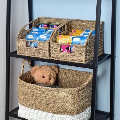 Wicker Storage Baskets 2-Pack - Water Hyacinth & Seagrass Pantry Organizer Bins for Shelves, Kitchen, Bathroom, Bedroom, Boho Home Decor