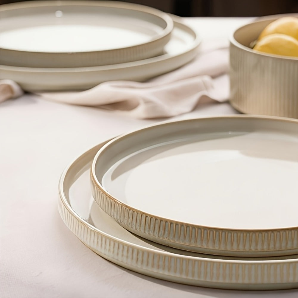 12-Piece Ribbed Dinnerware Set for Four with Dinner Plates, Salad Plates and Cereal Bowls in Two Cream Tones