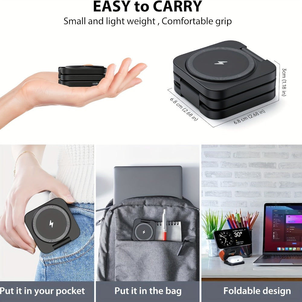 Wireless Charging Station, Alilong Foldable 3-in-1 Magnetic Travel Dock in Black for Apple Devices