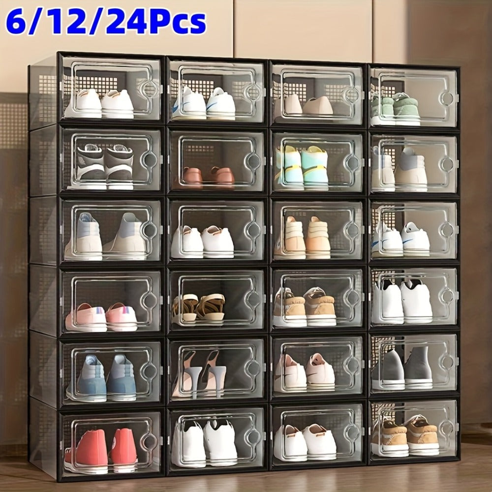 Transparent Stackable Shoe Boxes with Lid – Foldable Clear Sneaker Storage Organizer (6/24pcs)