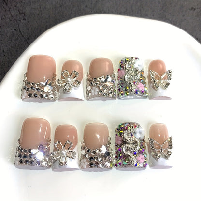 Press On Nails 10-Piece Duckbill Acrylic Set with White French, Floral and AB Shimmer Designs in S, M or L