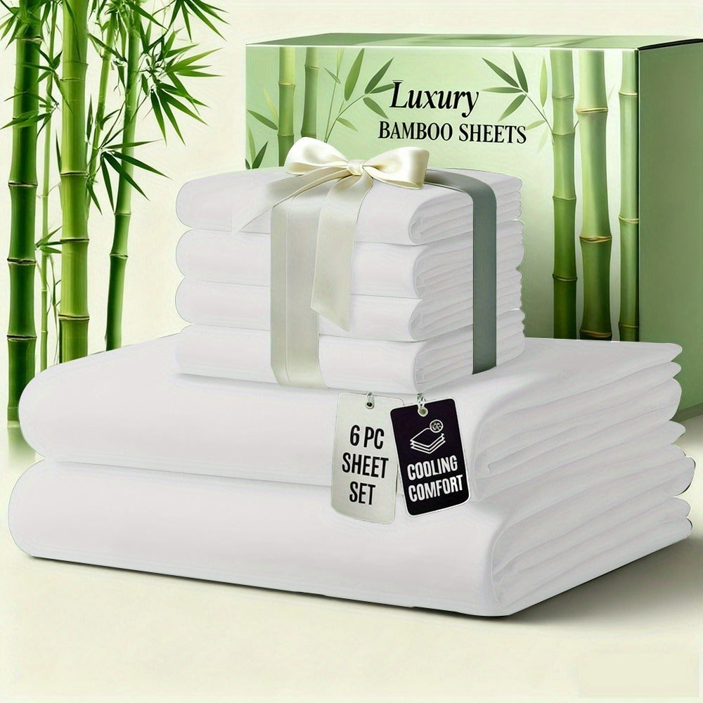 Bed Sheet Set 6-Piece Bamboo-Viscose Microfiber Blend with Twill Weave and 40–44 cm Pocket