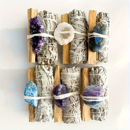 Natural White Sage and Random Crystal Decor Set for Meditation Spaces, Displays and Seasonal Gifts