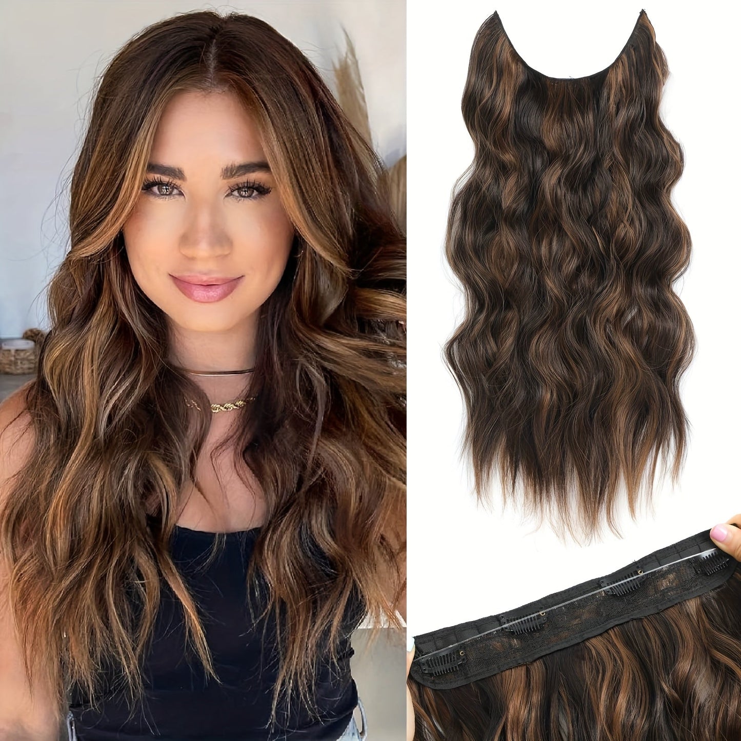 Invisible Wire Hair Extensions 22 Inch for Women — Transparent Fish Line 4 Clips Long Wavy Hairpiece for Thin Fine Hair, 7 Colors 1B 613 Ombre, No Glue No Heat Damage Free
