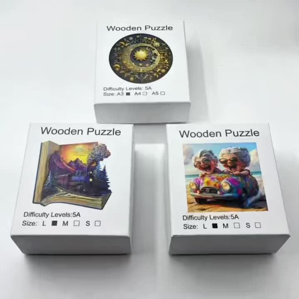 Wooden Jigsaw Puzzle for Adults Galloping Train – 3D Vision Effect Unique Shape Pieces, Book-Style Display, Mountain Sunset Art, Unique Birthday Christmas Holiday Gift for Train Lovers & Puzzle Enthusiasts (S & L Sizes)