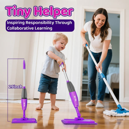 Purple Pretend Play Spray Mop Set with 29-Inch Sectional Handle, Squeeze Trigger and Two Mop Pads