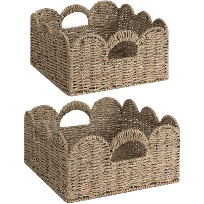 Scalloped Wicker Baskets Set of 2 - Water Hyacinth & Seagrass Woven Rattan Basket with Handles for Shelf, Nursery, Bathroom, Living Room Boho Decor