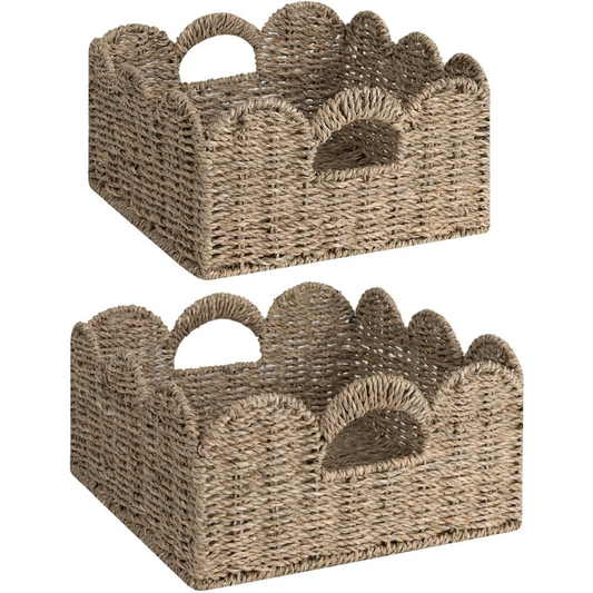 Scalloped Wicker Storage Baskets Set of 2 with Handles in Water Hyacinth or Seagrass Weave