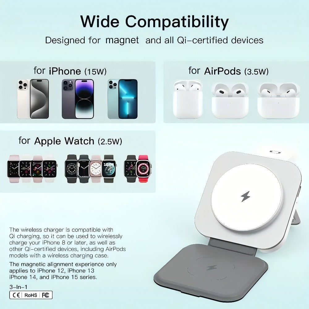 Wireless Charging Station, T11 Foldable 3-in-1 15W Travel Pad in Black for iPhone, Apple Watch and AirPods