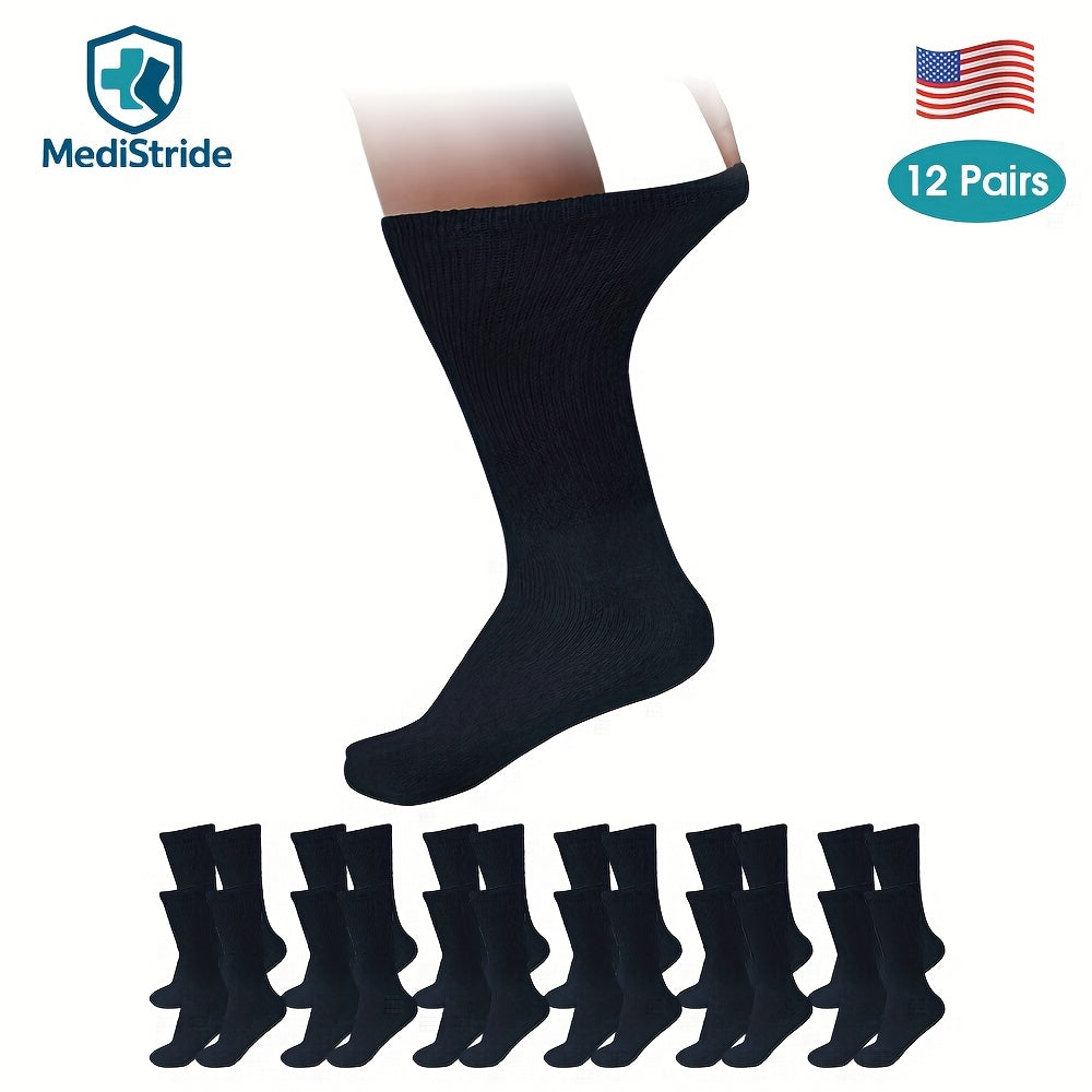 12-Pair Crew-Length Diabetic Sock Set in Six Colors with 9-11, 10-13 and 13-15 Size Options