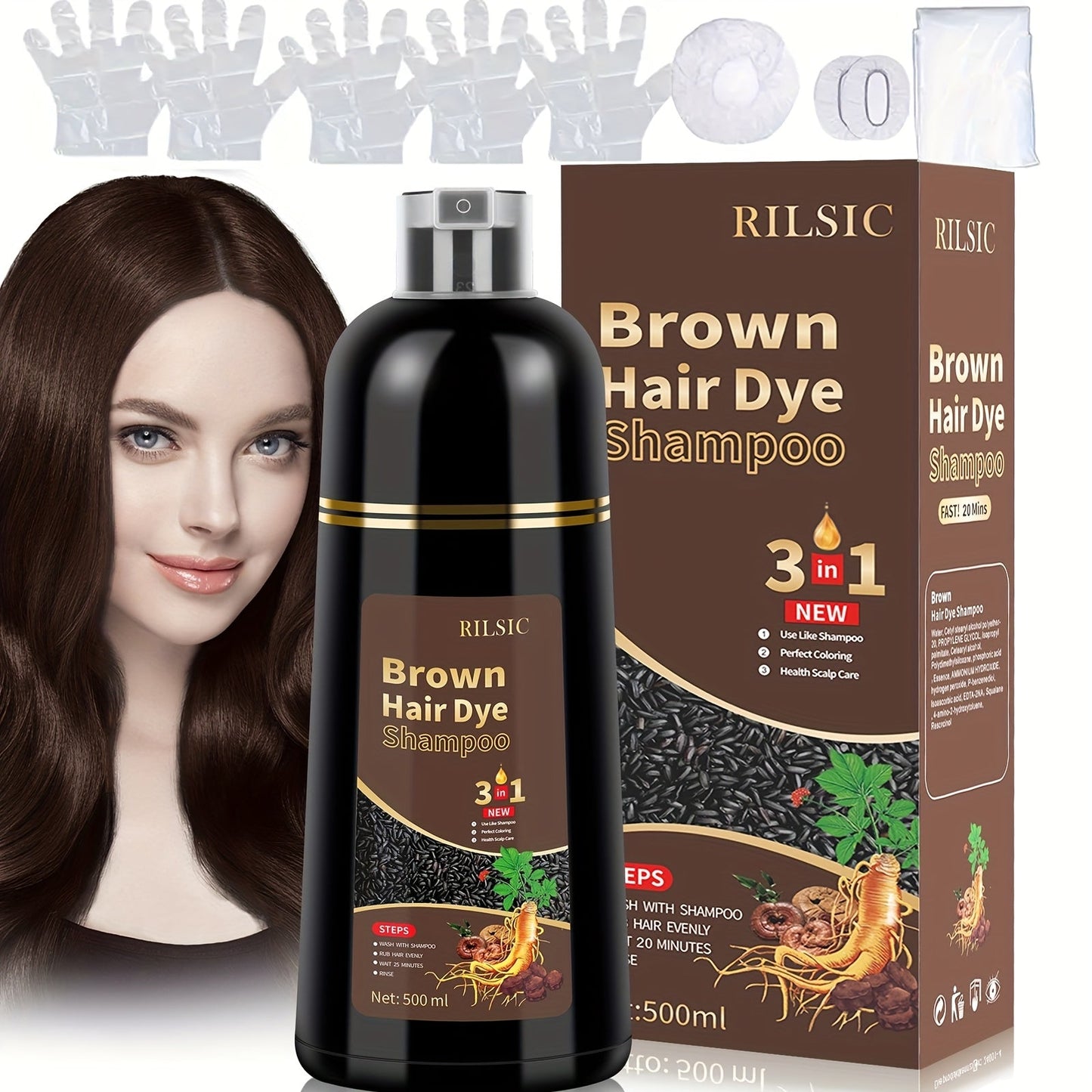 RILSIC 3-in-1 Gray Hair Color Shampoo with Plant Squalene — 100% Gray Coverage Wash & Condition Instant Results, No Mix No Ammonia, 16.91oz / 500ml for Women & Men All Hair Types