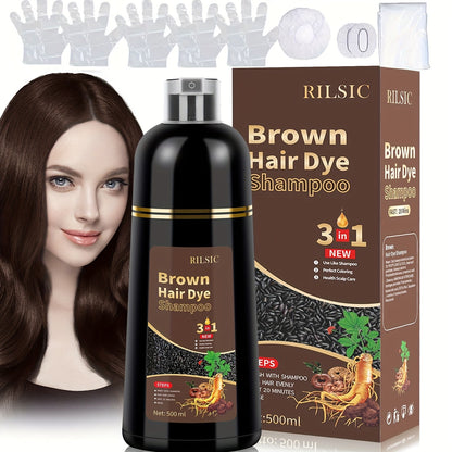 RILSIC 3-in-1 Gray Hair Color Shampoo with Plant Squalene — 100% Gray Coverage Wash & Condition Instant Results, No Mix No Ammonia, 16.91oz / 500ml for Women & Men All Hair Types