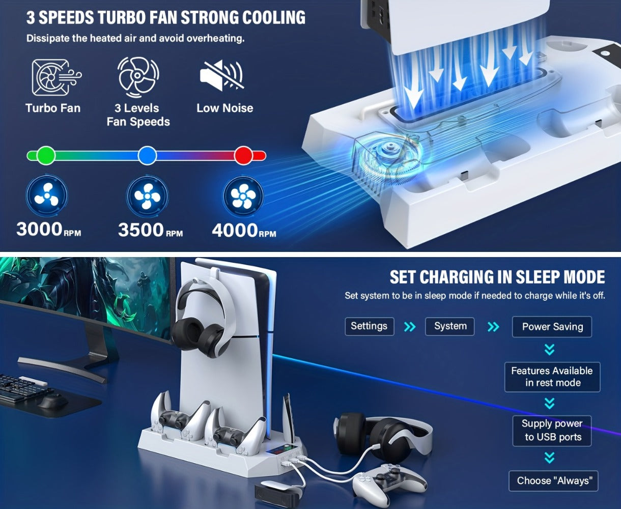 Five-in-One Console Stand Compatible with PS5 Models, Dual Controller Dock, Fan, USB Hub and Headset Holder