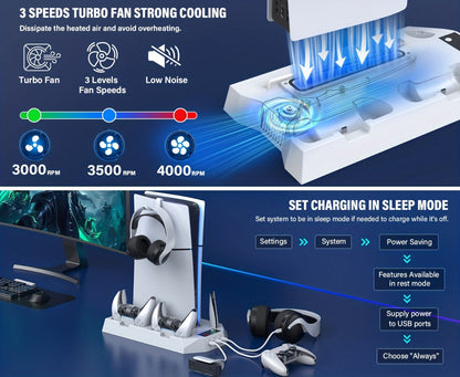 Five-in-One Console Stand Compatible with PS5 Models, Dual Controller Dock, Fan, USB Hub and Headset Holder
