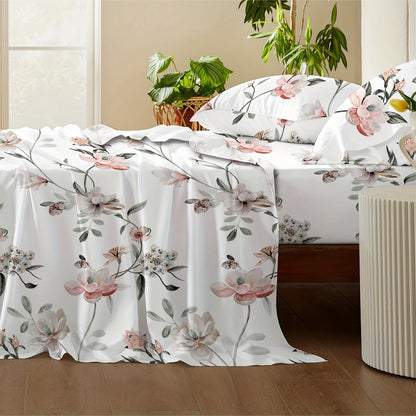Bed Sheets, Floral Polyester Set with 12-Inch Fitted Pocket, Twin-to-King Sizes and White, Pink or Green Patterns