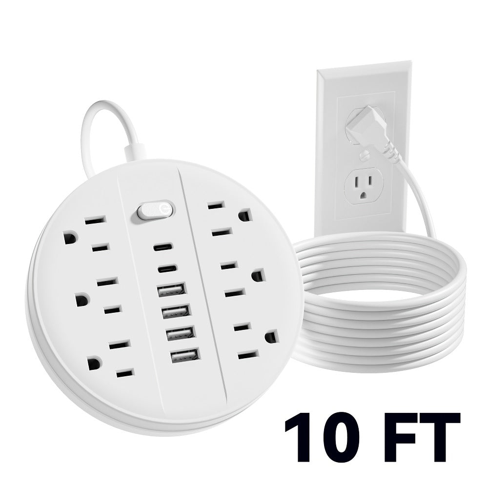 Wall Mount Power Strip Surge Protector 12-in-1 with 6 AC Outlets 4 USB-A 2 USB-C Ports Portable Compact Multi-Outlet Charging Station Wall-Mountable Extension for Home Office School – Black & White