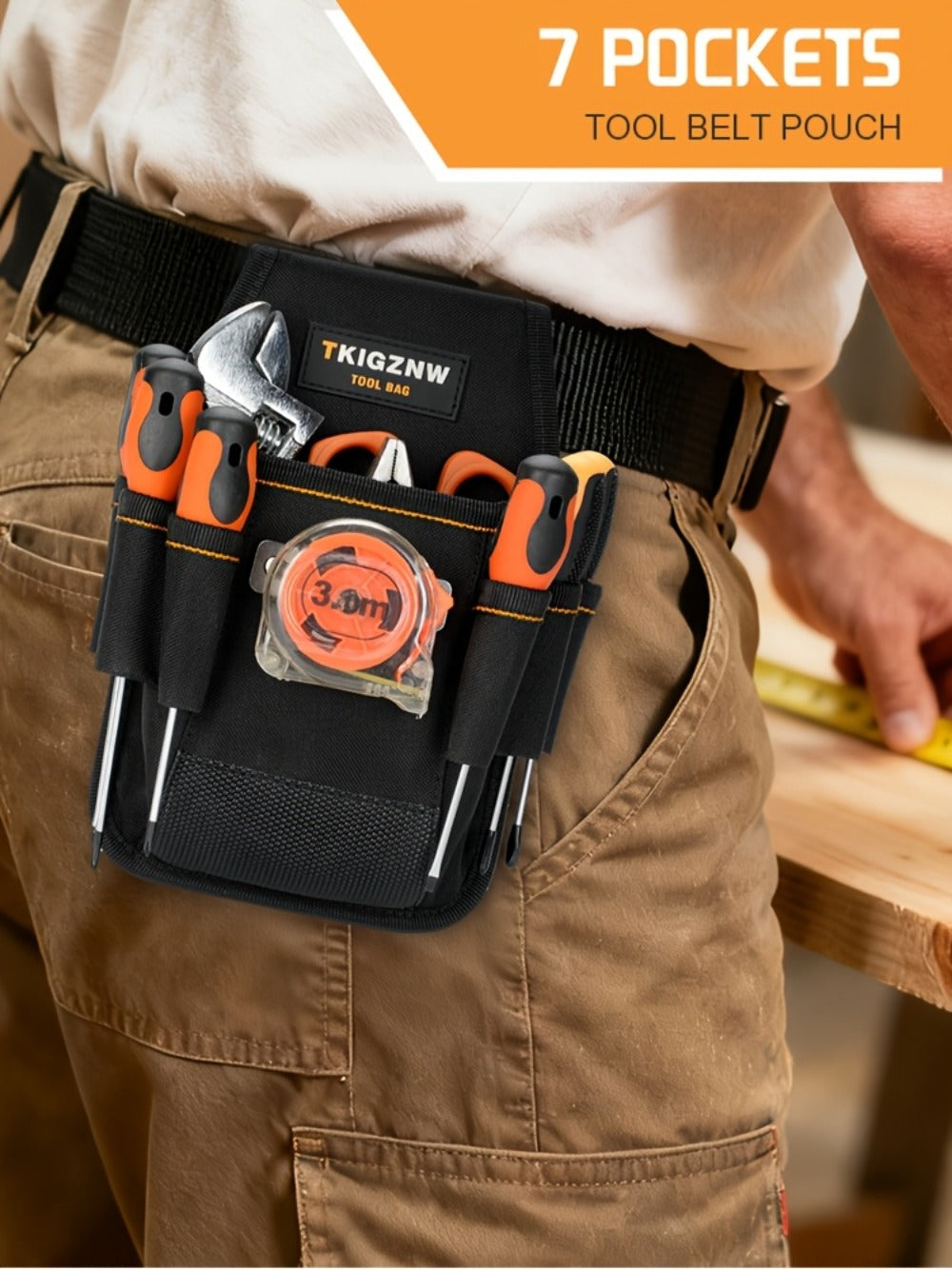 Seven-Pocket Tool Organizer Bag in Black with Open Compartments and Portable Carry Handles for Jobsite Storage