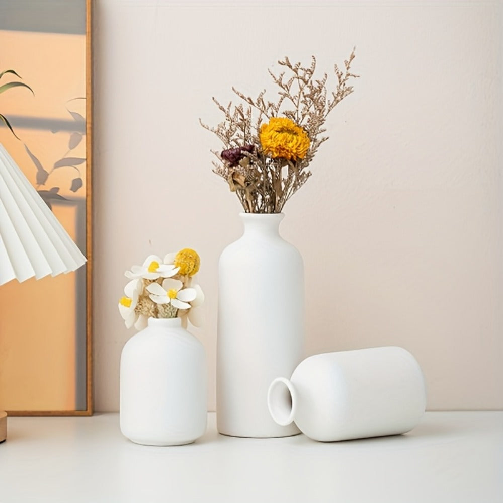 Boho Ceramic Vase Set 3pcs - Matte Nordic Minimalist Geometric Floral Design for Home Decor, Living Room, Entryway, Bookshelf & Bathroom Vanity, Modern Bohemian Decorative Vases, Holiday Gift
