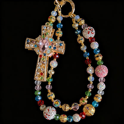 Colorful Crystal Cross Phone Chain Keychain with Rhinestone Beads and Gold-Tone Clasp for Bags or Phones