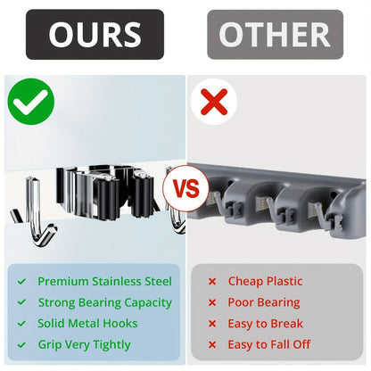 Two-Pack Wall-Mounted Broom and Mop Holders with Four Grip Racks, Five Hooks and Exact Configuration