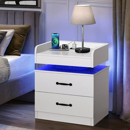 Small Nightstand with USB Charging Station & LED Lights, Compact Bedside Table with Drawer, Under 27 Inch Floor Mount
