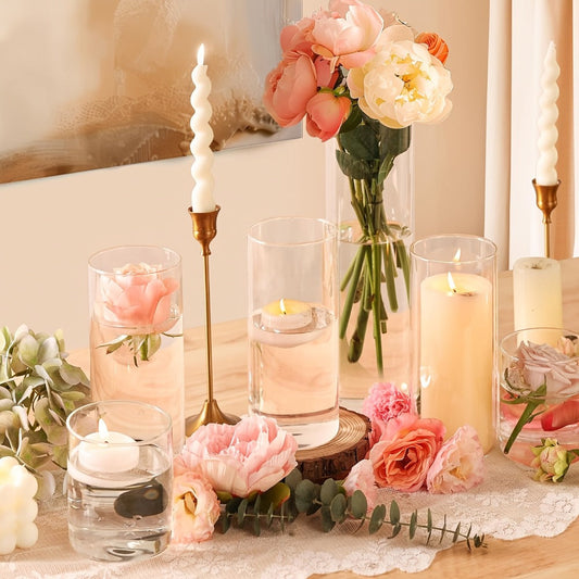Glass Cylinder Vases Set 12 or 24pcs Clear Tall Flower Vase Candle Holder 4 Sizes for Wedding Centerpieces Home Decor Party Table Decoration DIY Candle Making