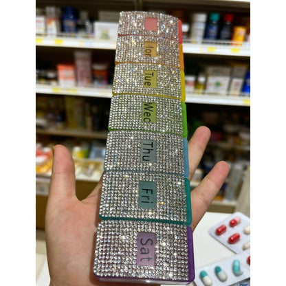 Rhinestone Weekly Pill Organizer with Seven Color-Coded Day Compartments in Slim Rectangular Case