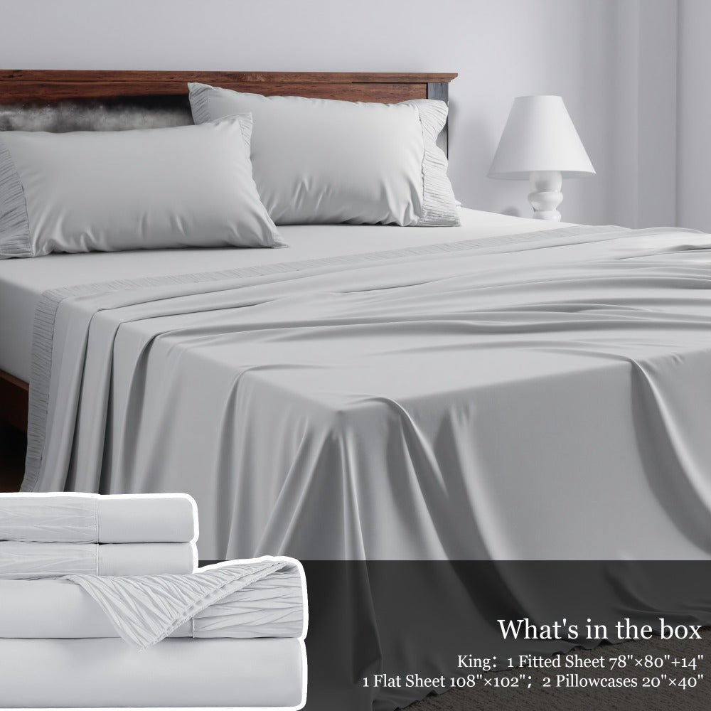 Sheet Set, Four-Piece Solid-Color Bedding with Deep-Pocket Fitted Sheet, Flat Sheet and Two Pillowcases